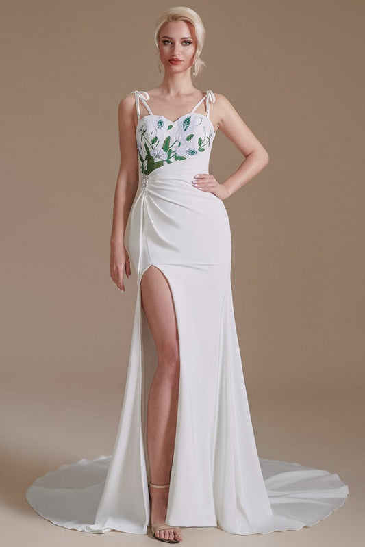 Bow Tie Straps Slit Mermaid Wedding Dress with Lace-up