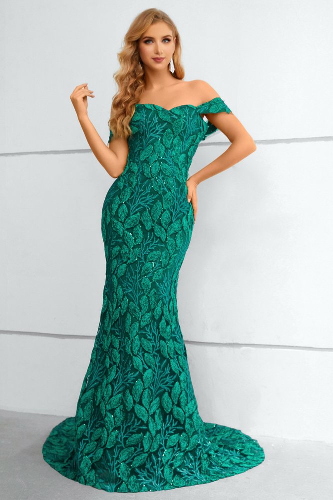 Green Lace Mermaid Long Dress with Off Shoulder