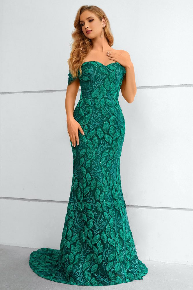 Green Lace Mermaid Long Dress with Off Shoulder