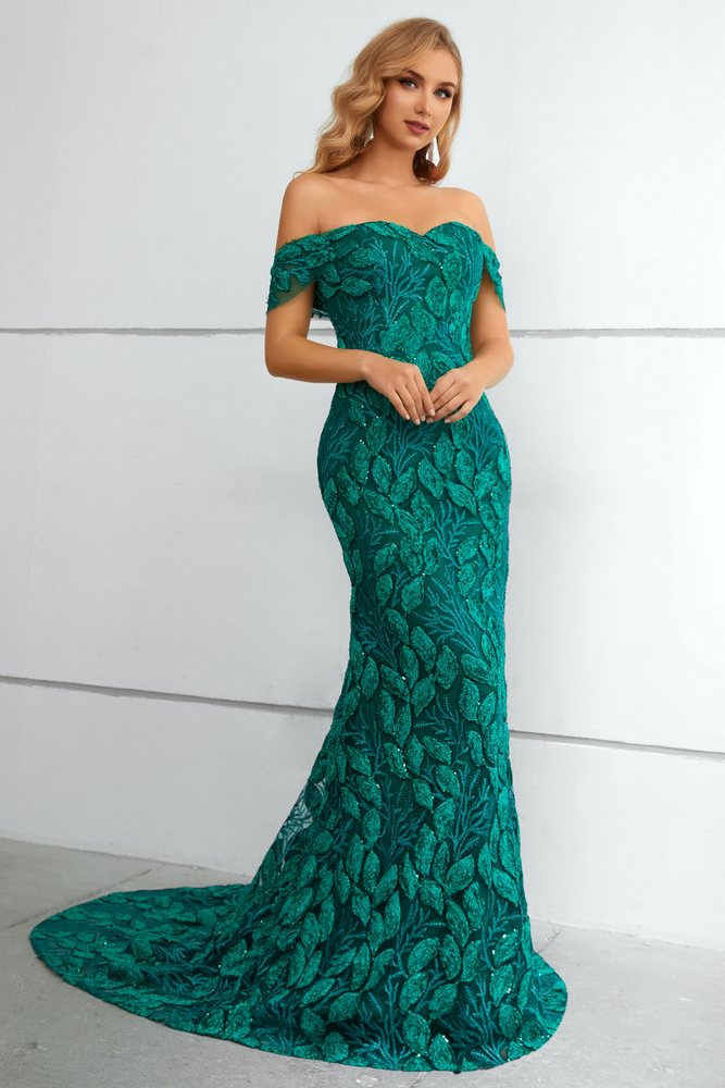 Green Lace Mermaid Long Dress with Off Shoulder