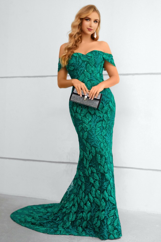 Green Lace Mermaid Long Dress with Off Shoulder