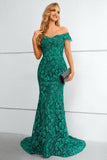 Green Lace Mermaid Long Dress with Off Shoulder