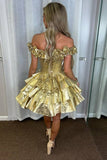 Metallic Ruffle Homecoming Dress with Off Shoulder