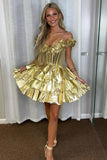 Metallic Ruffle Homecoming Dress with Off Shoulder