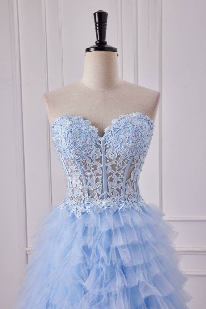 Strapless Applique Multi-Layered Prom Dress with Slit