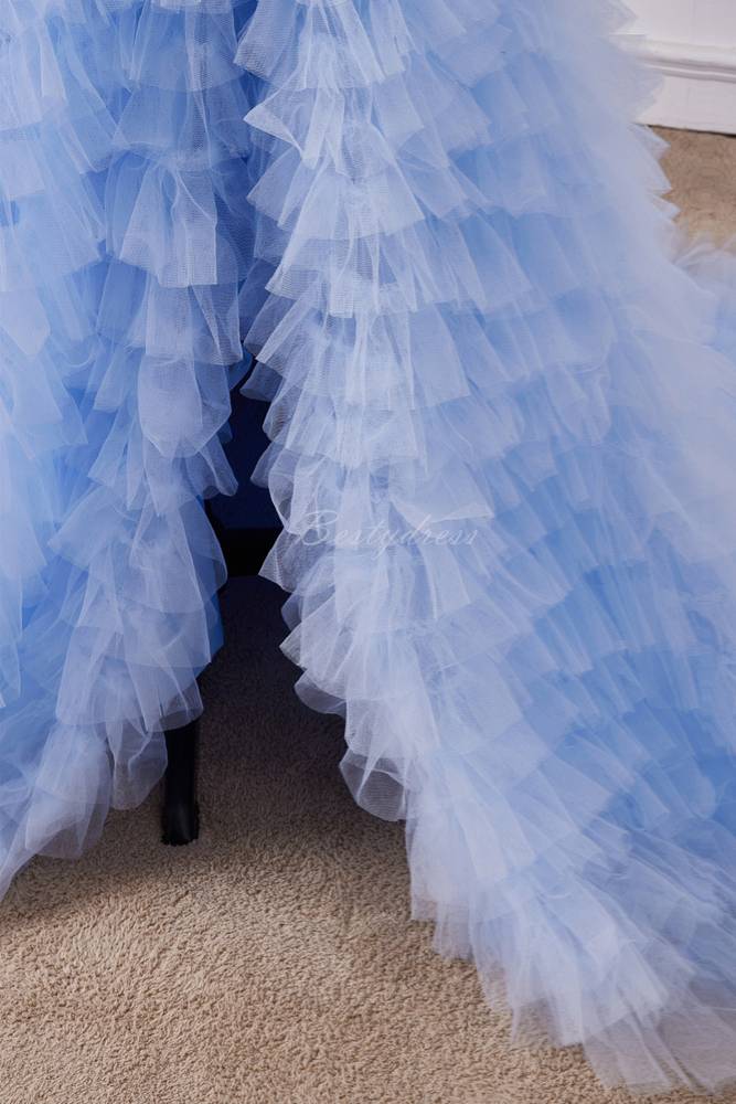 Strapless Applique Multi-Layered Prom Dress with Slit