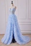 Strapless Applique Multi-Layered Prom Dress with Slit