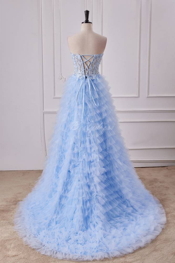 Strapless Applique Multi-Layered Prom Dress with Slit