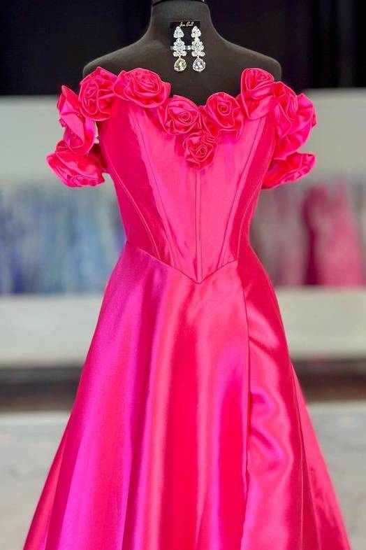 Hot Pink Floral Satin A-Line Prom Dress with Off Shoulder