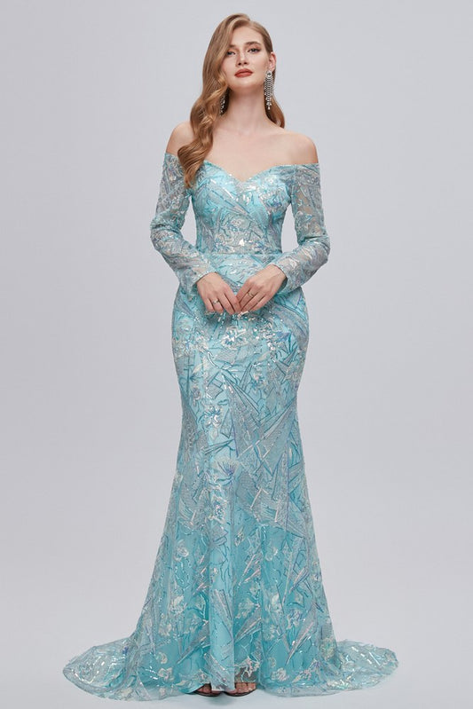 Blue Applique Mermaid Prom Dress with Long Sleeves