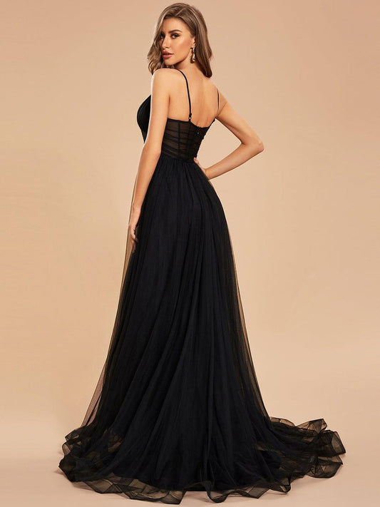 Custom Size Illusion Spaghetti Strap High Slit Tulle Prom Dress with Train