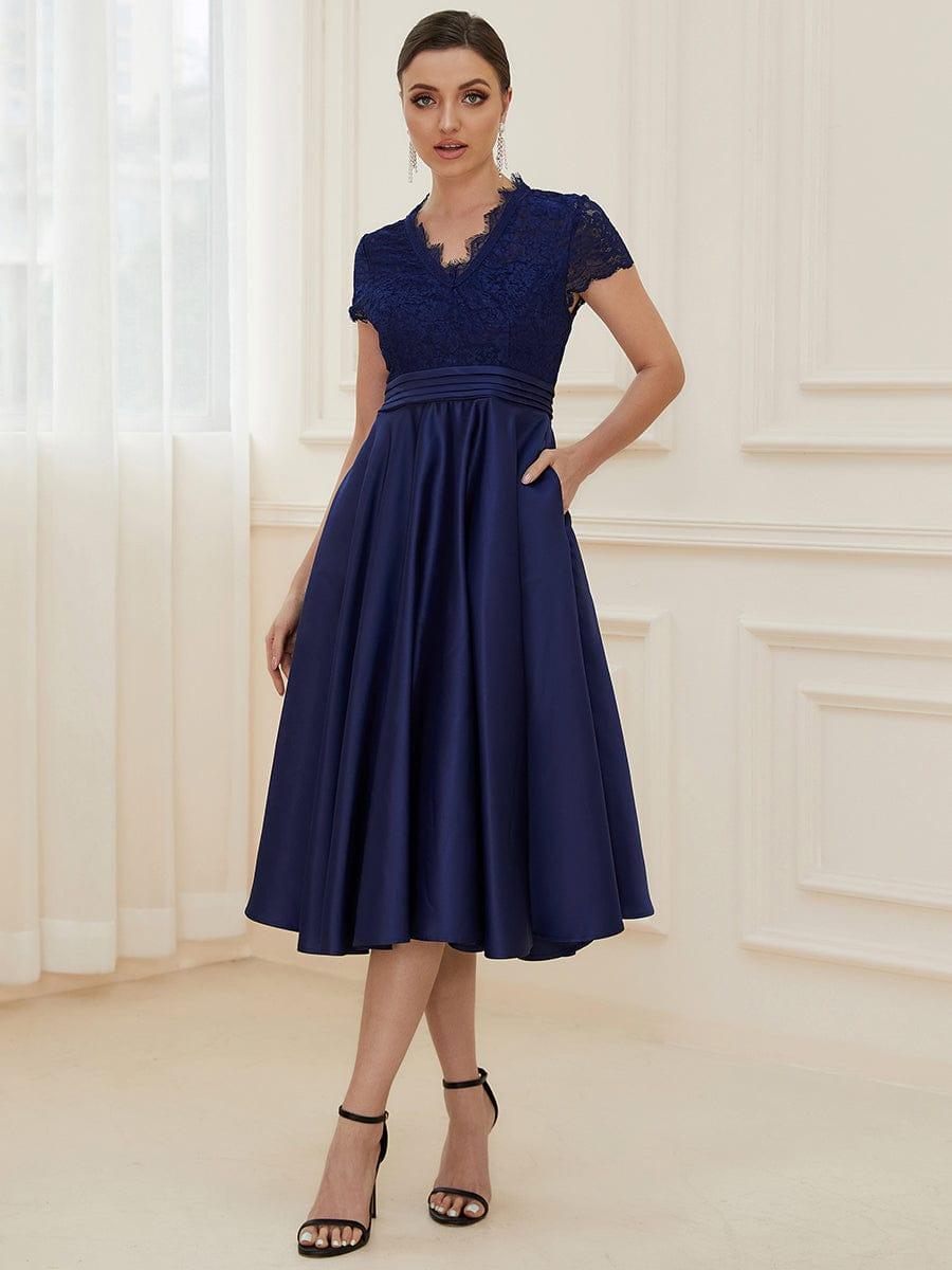 Elegant V-neck Lace A-line Wedding Guest Dress with Pockets
