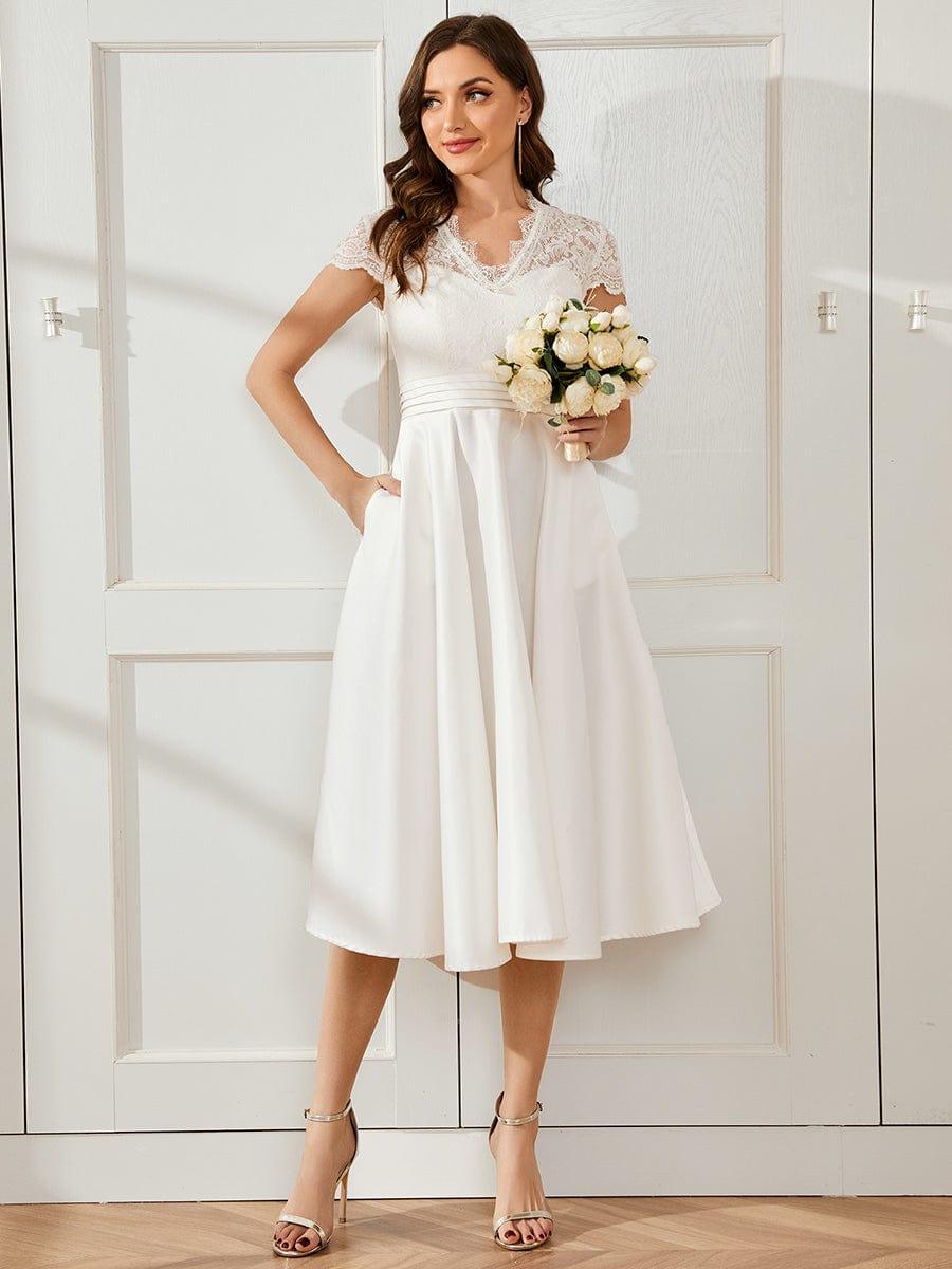 Elegant V-neck Lace A-line Wedding Guest Dress with Pockets