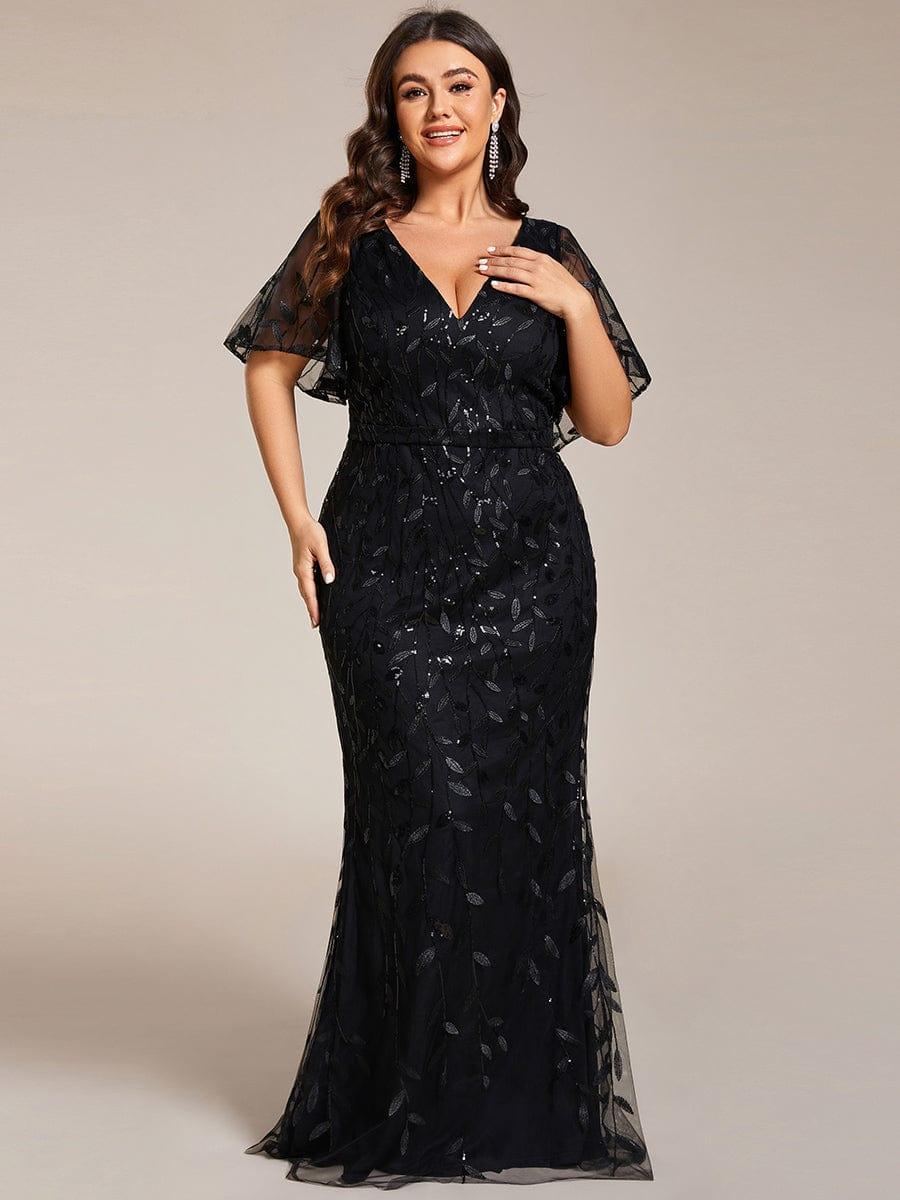Stunning Plus Size V-Neck Sequin Applique Mermaid Evening Dress