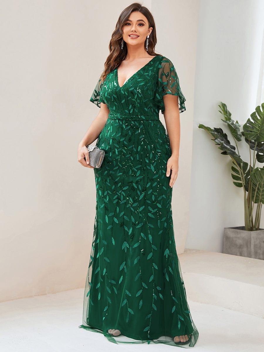 Stunning Plus Size V-Neck Sequin Applique Mermaid Evening Dress
