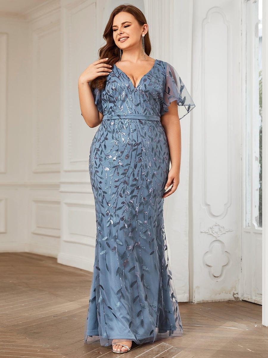Stunning Plus Size V-Neck Sequin Applique Mermaid Evening Dress