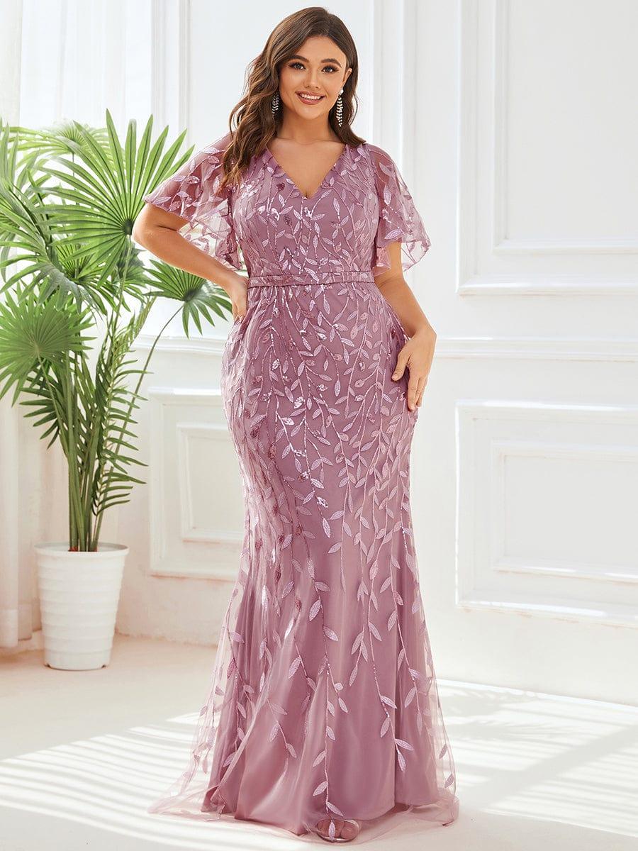 Stunning Plus Size V-Neck Sequin Applique Mermaid Evening Dress