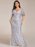 Stunning Plus Size V-Neck Sequin Applique Mermaid Evening Dress