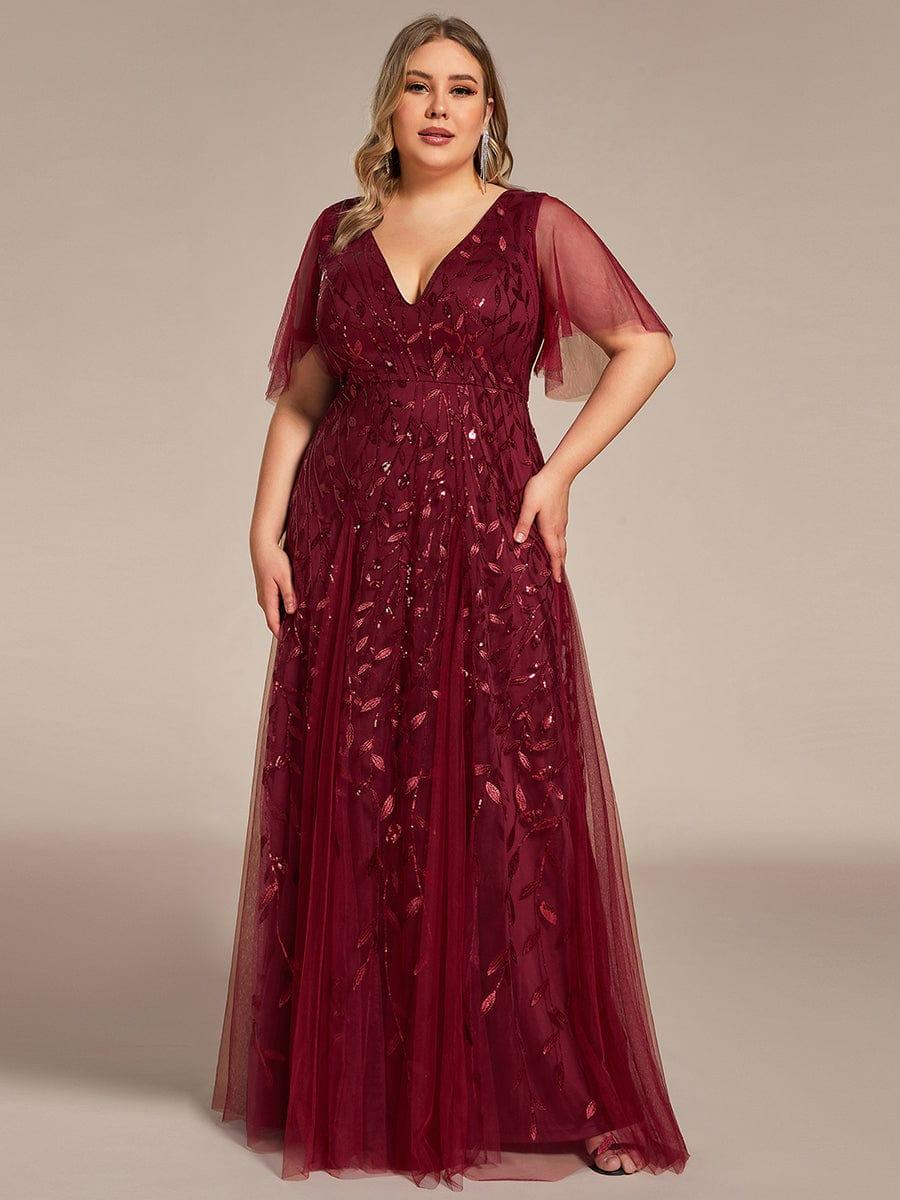 Plus Size Applique Tulle Floor Length Formal Gowns#color_Burgundy