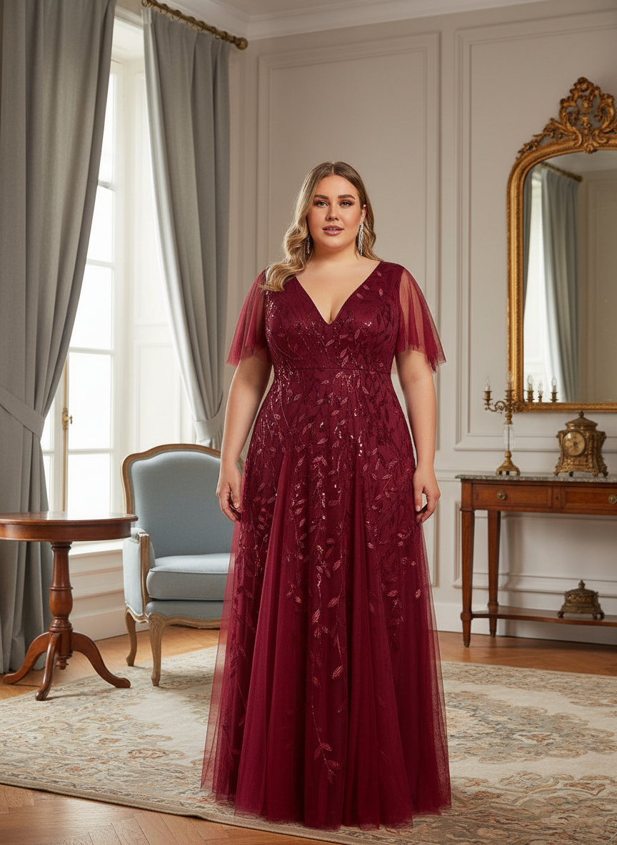 Plus Size Applique Tulle Floor Length Formal Gowns
