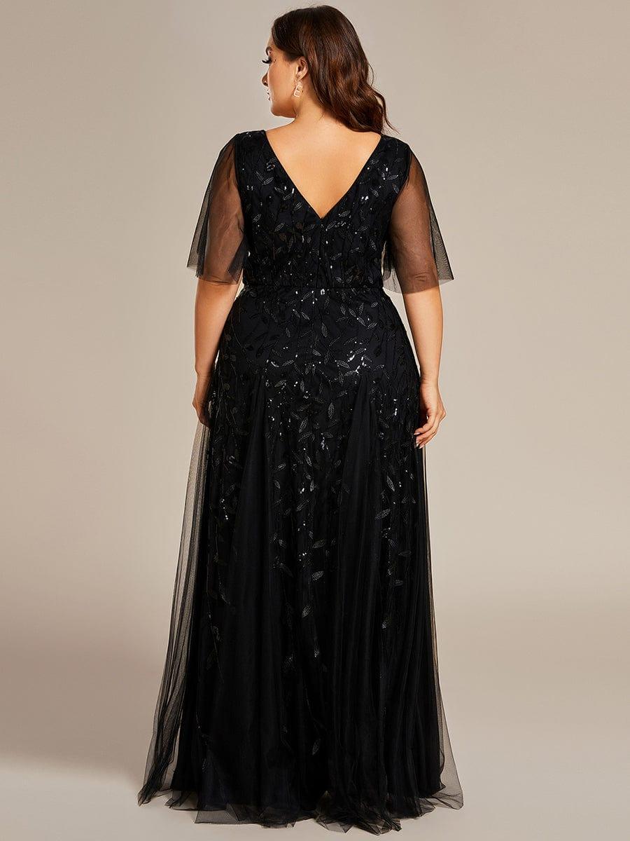 Elegant Black Sequin Evening Dress with Ruffle Sleeves #color_Black