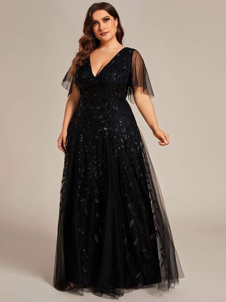 Elegant Black Sequin Evening Dress with Ruffle Sleeves#color_Black