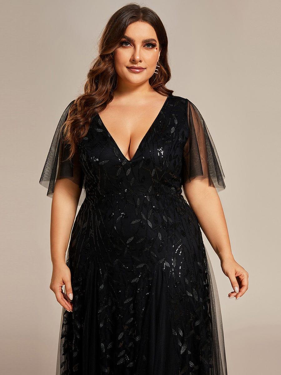 Elegant Black Sequin Evening Dress with Ruffle Sleeves#color_Black