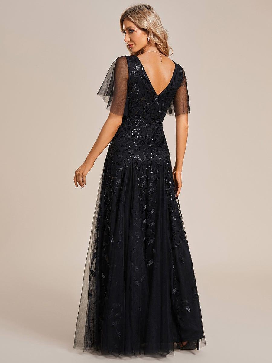 Elegant Black Sequin Evening Dress with Ruffle Sleeves #color_Black