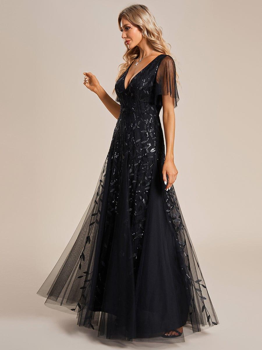 Elegant Black Sequin Evening Dress with Ruffle Sleeves#color_Black