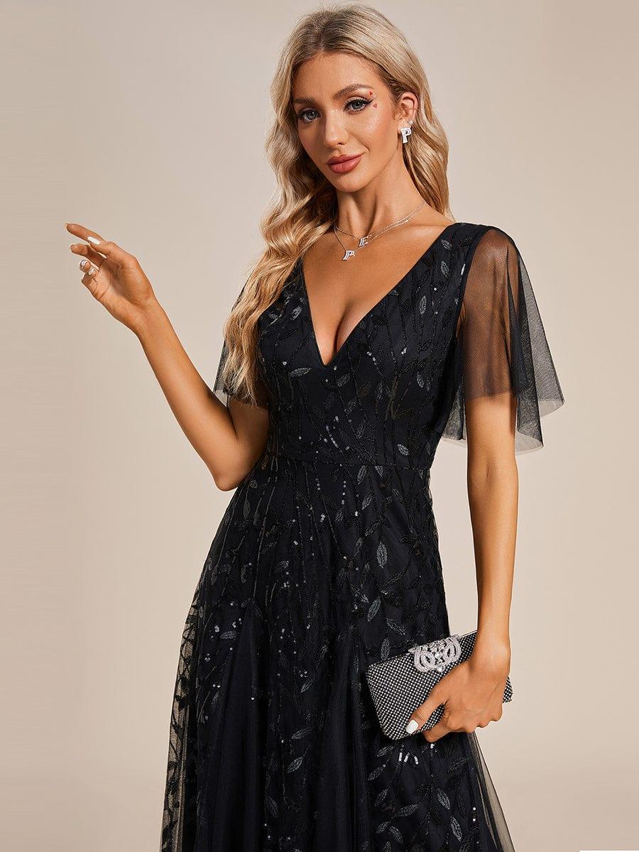 Elegant Black Sequin Evening Dress with Ruffle Sleeves #color_Black