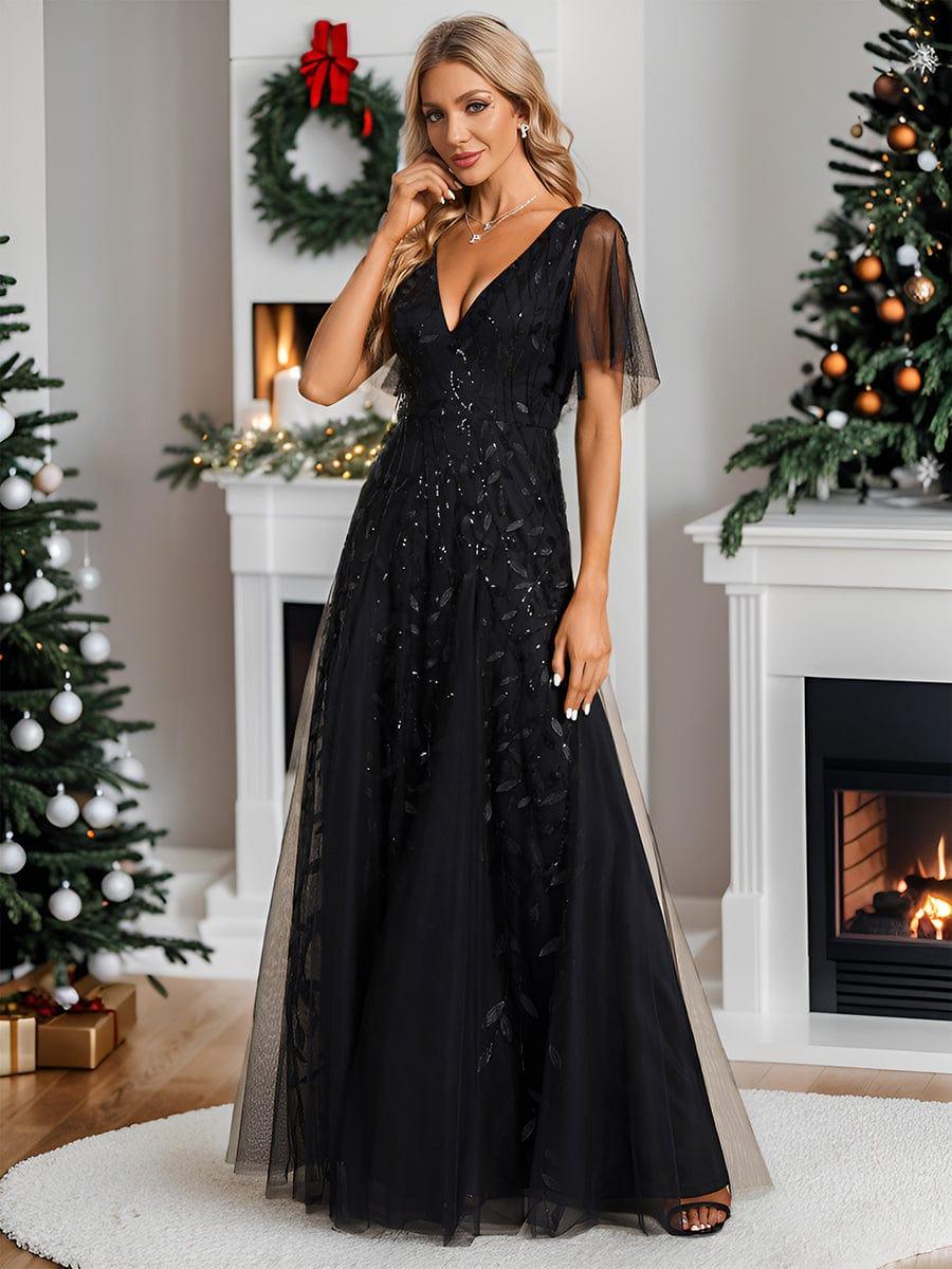 Elegant Black Sequin Evening Dress with Ruffle Sleeves #color_Black