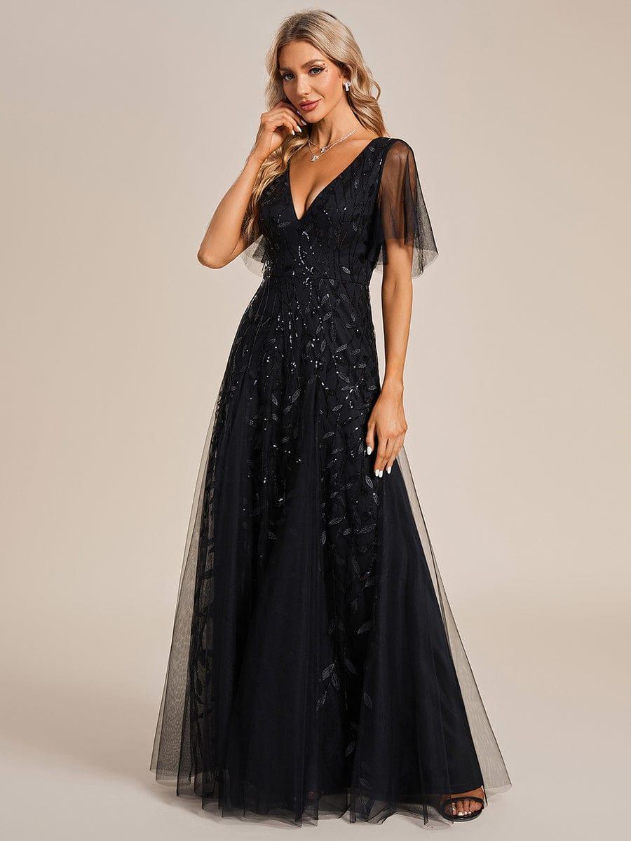 Elegant Black Sequin Evening Dress with Ruffle Sleeves #color_Black