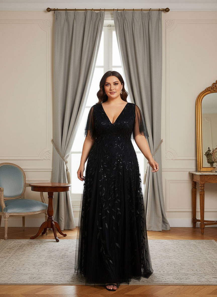 Plus Size Applique Tulle Floor Length Formal Gowns