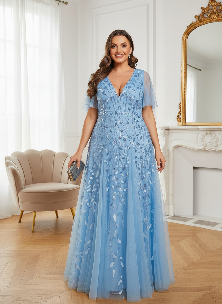 Plus Size V-Neck Lace Applique A-Line Evening Dress