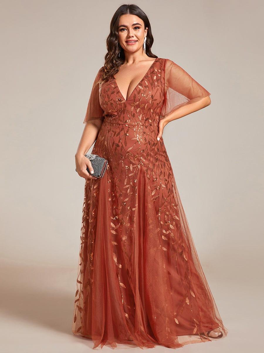 Plus Size Applique Tulle Floor Length Formal Gowns #color_Burnt Orange