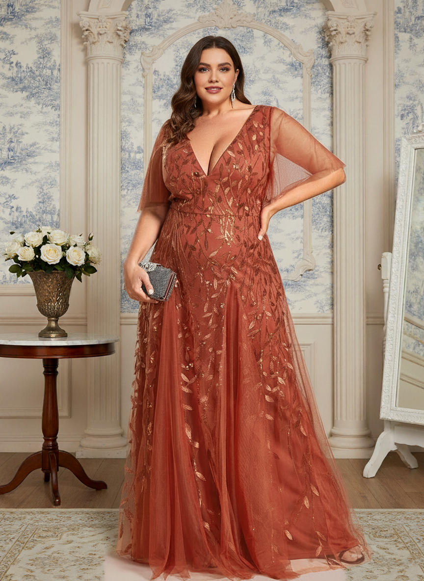 Plus Size Applique Tulle Floor Length Formal Gowns