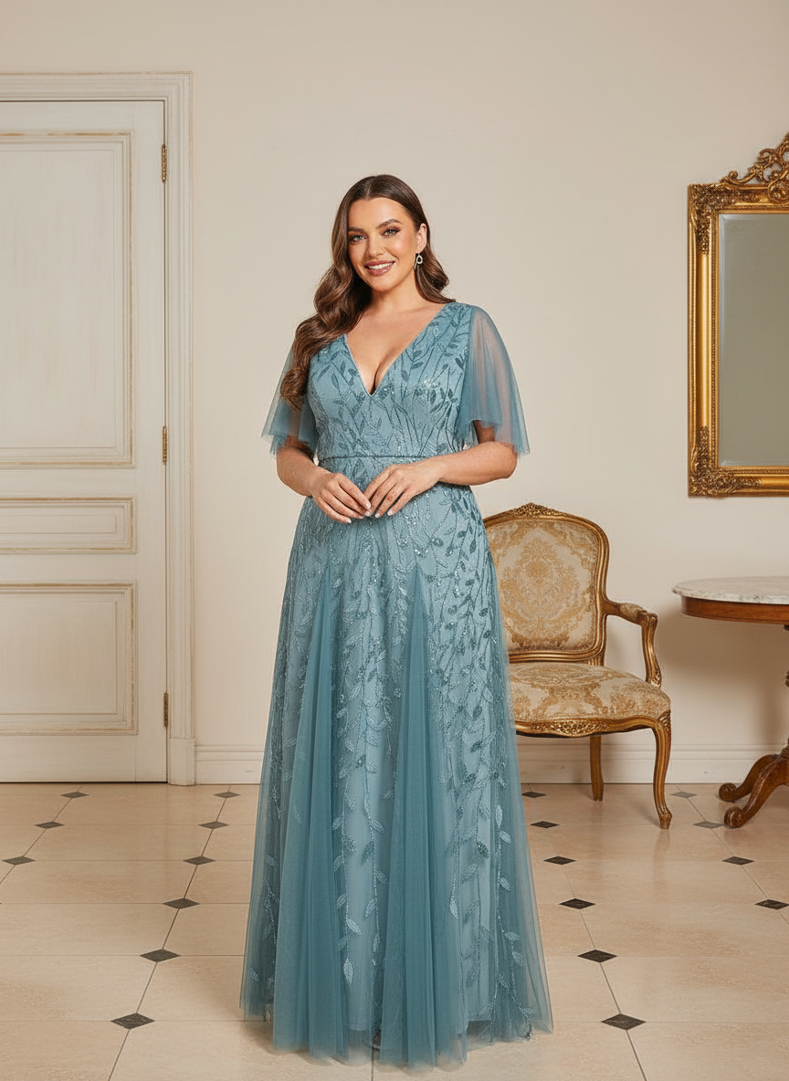 Plus Size V-Neck Lace Applique A-Line Evening Dress
