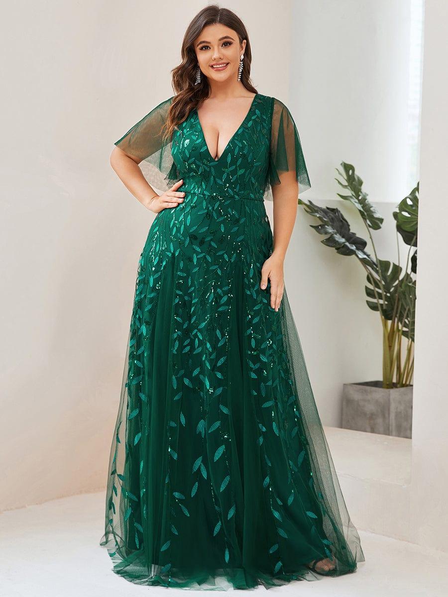 Plus Size Applique Tulle Floor Length Formal Gowns#color_Dark Green 