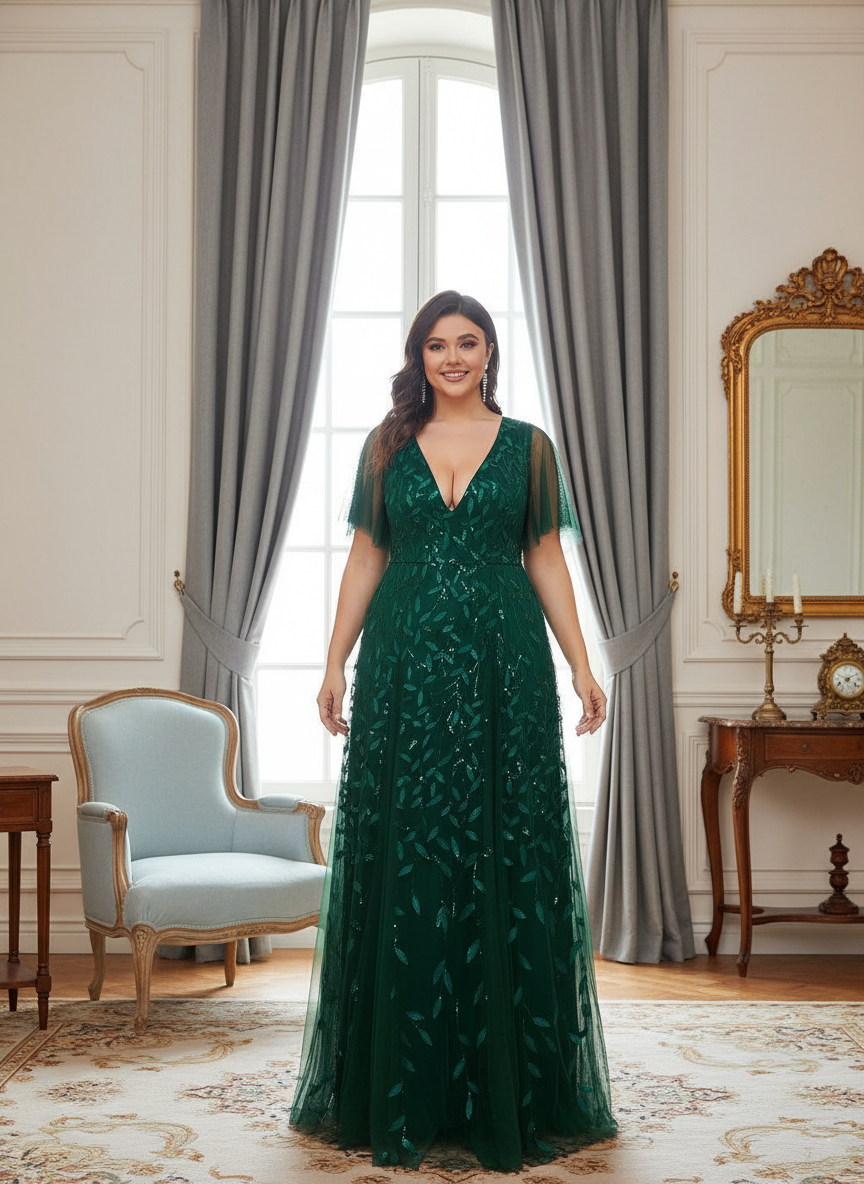 Plus Size Applique Tulle Floor Length Formal Gowns