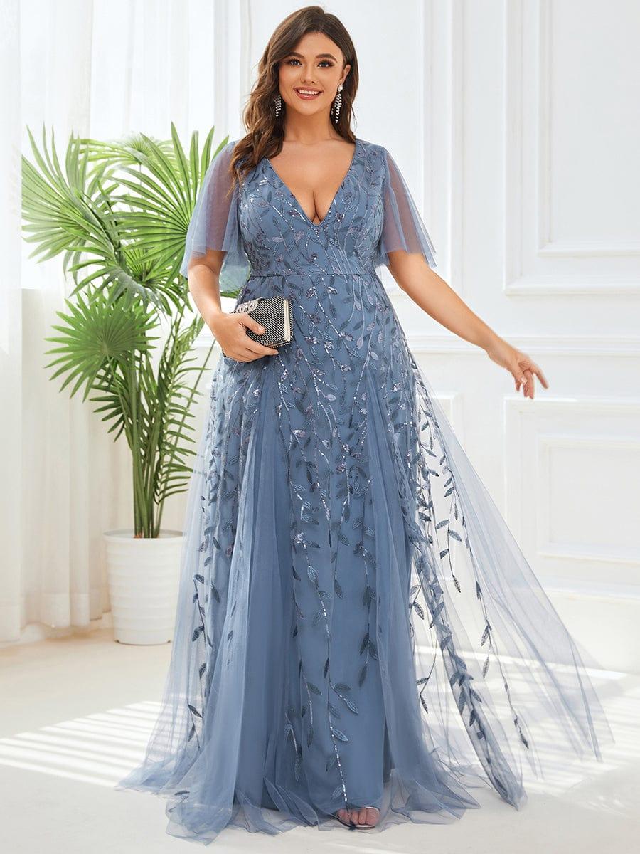 Plus Size V-Neck Lace Applique A-Line Evening Dress #color_Dusty Blue