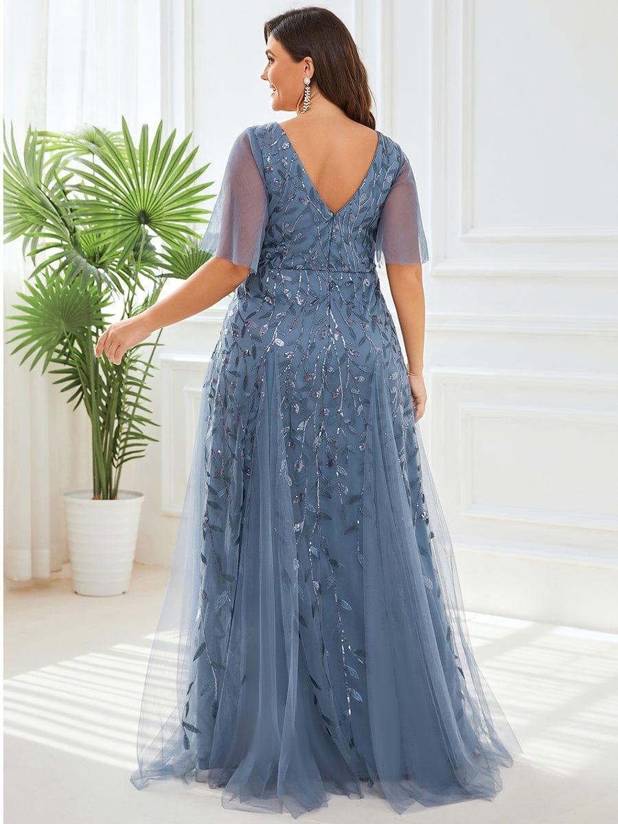 Plus Size V-Neck Lace Applique A-Line Evening Dress #color_Dusty Blue