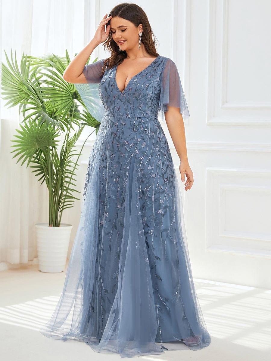 Plus Size V-Neck Lace Applique A-Line Evening Dress#color_Dusty Blue