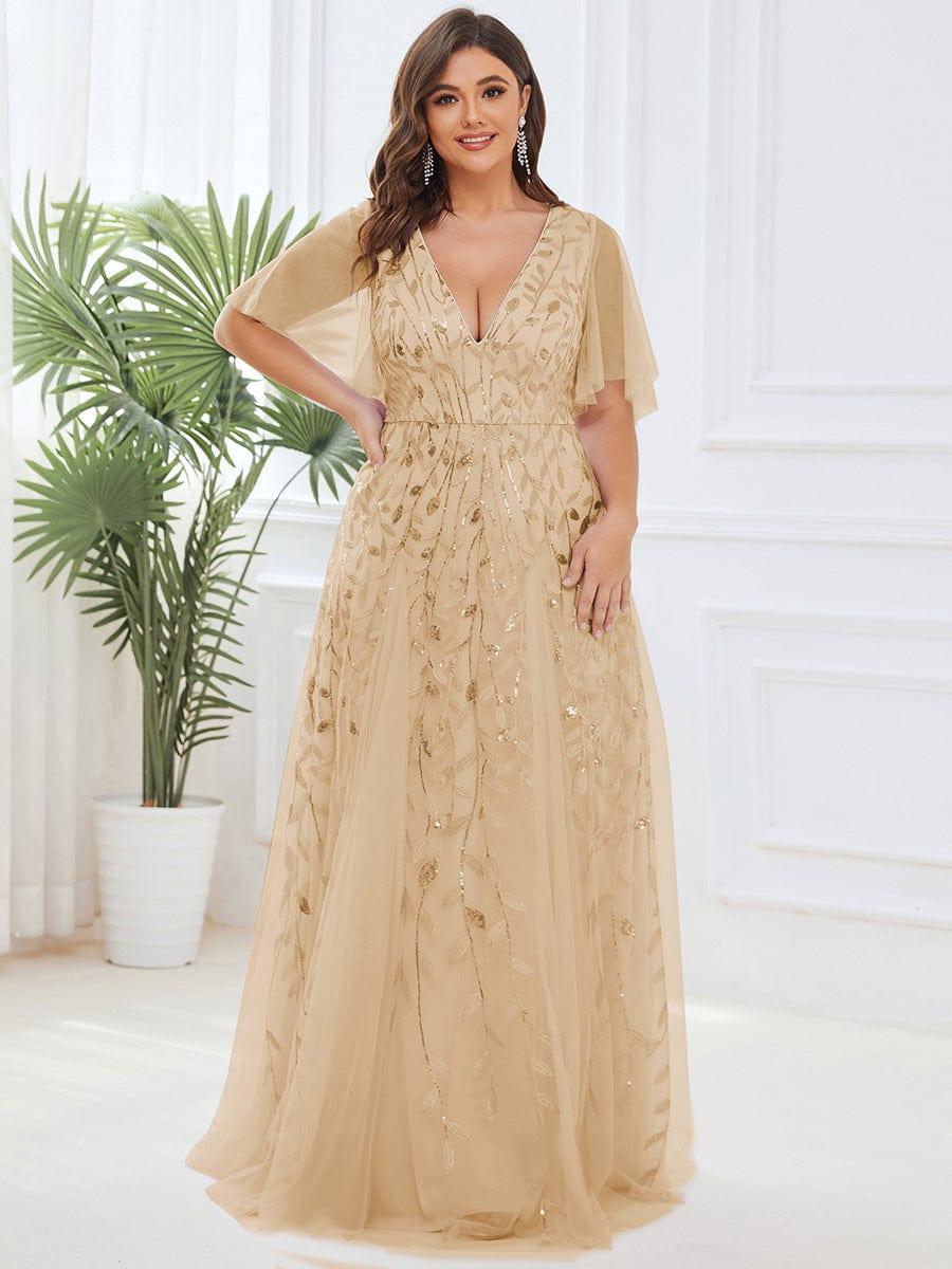 Plus Size Applique Tulle Floor Length Formal Gowns #color_Gold