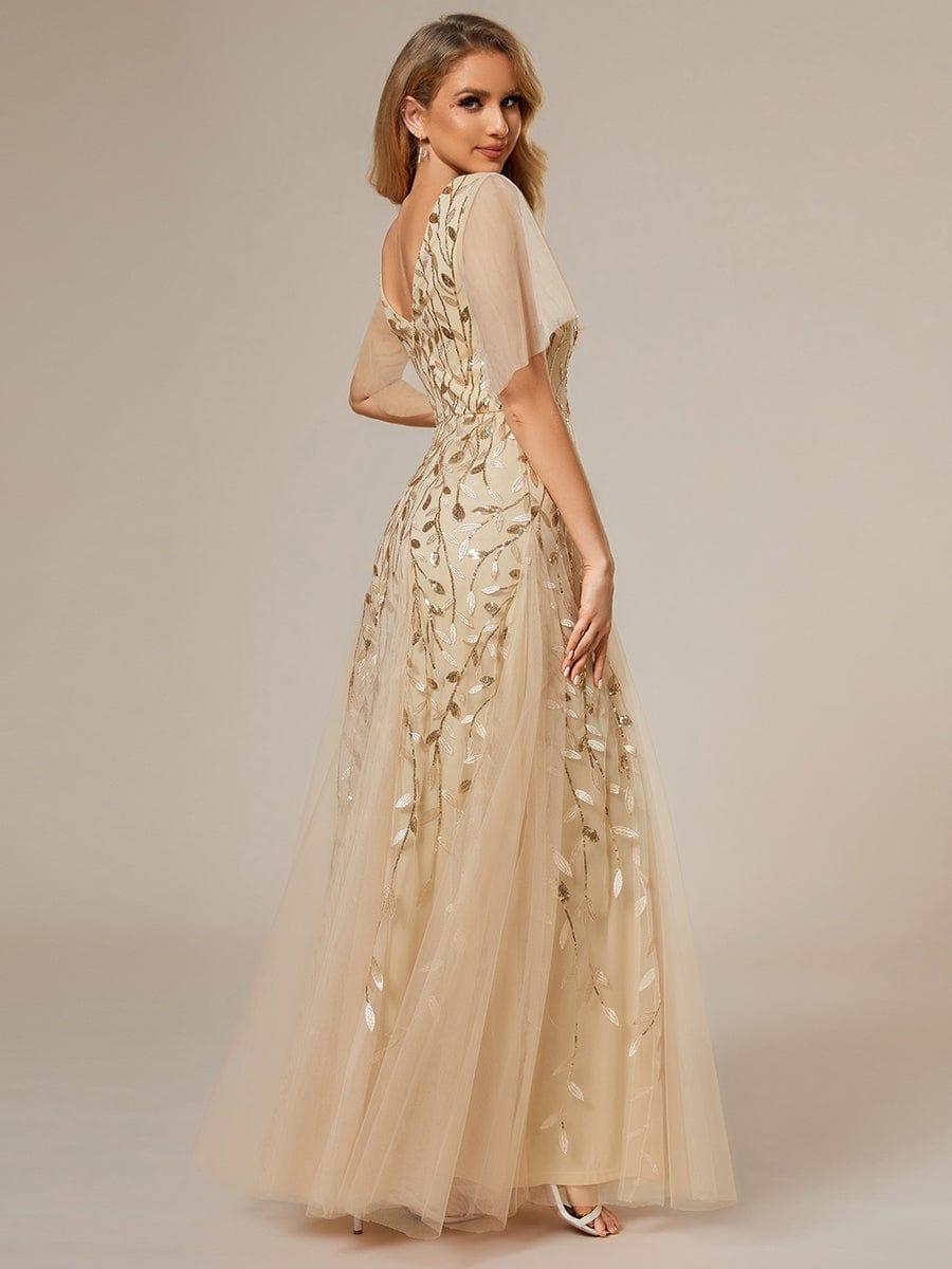 Elegant Black Sequin Evening Dress with Ruffle Sleeves #color_Gold