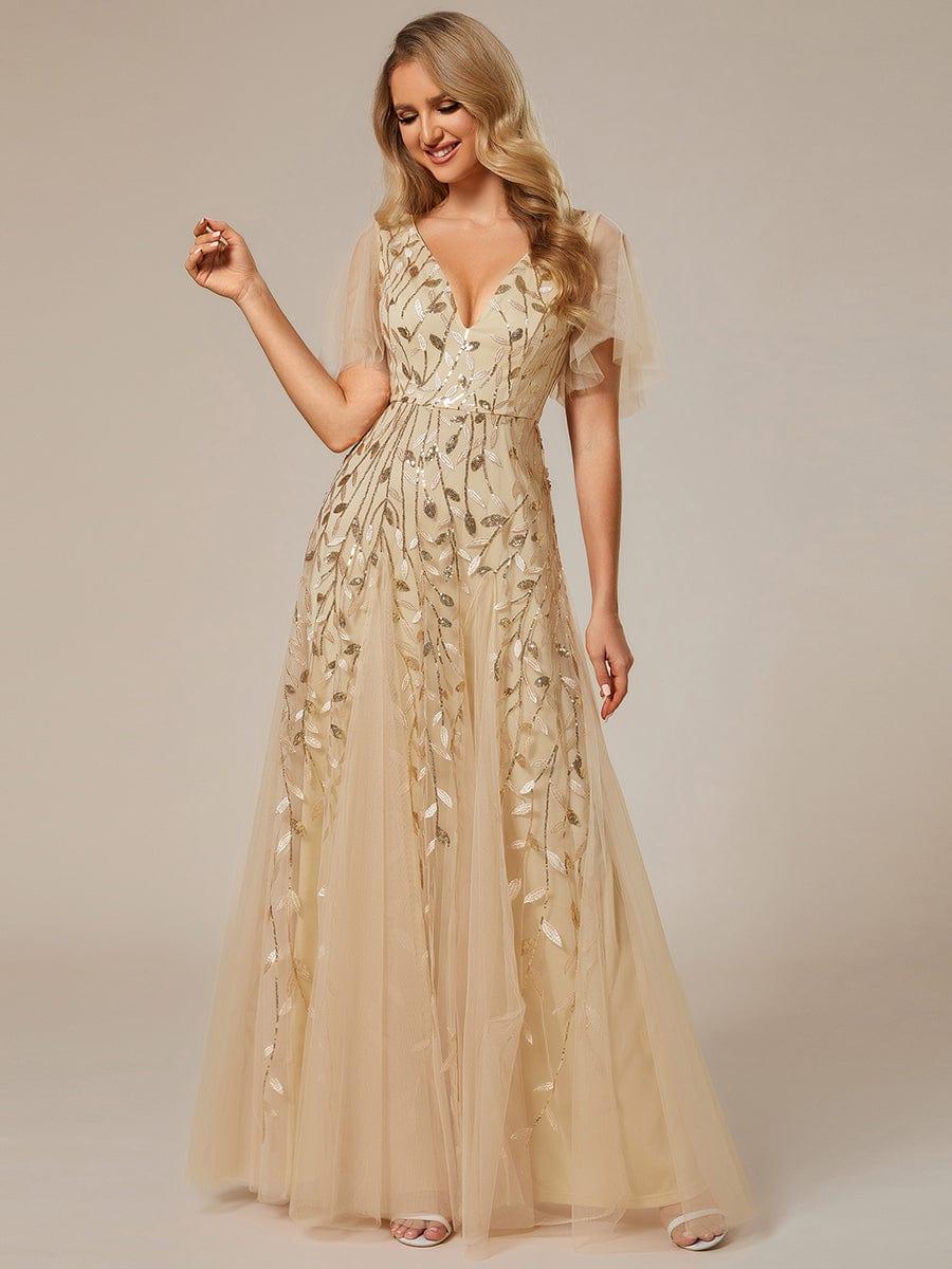 Elegant Black Sequin Evening Dress with Ruffle Sleeves #color_Gold