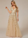 Elegant Black Sequin Evening Dress with Ruffle Sleeves #color_Gold
