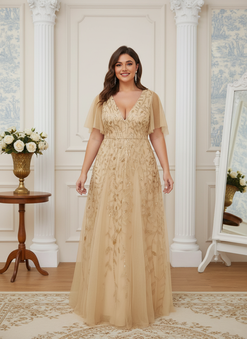 Plus Size Applique Tulle Floor Length Formal Gowns