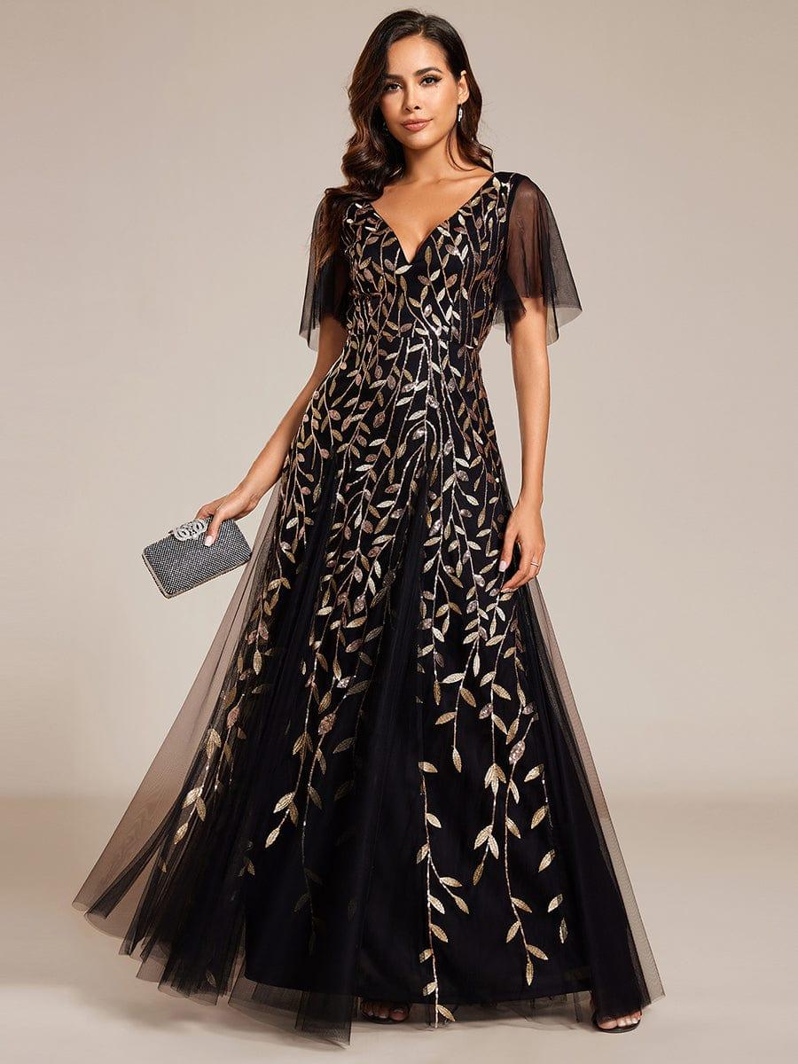 Elegant Black Sequin Evening Dress with Ruffle Sleeves