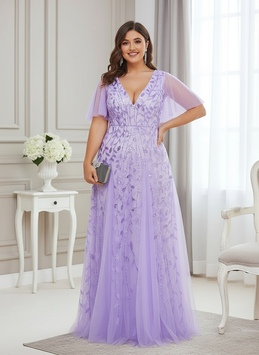 Plus Size V-Neck Lace Applique A-Line Evening Dress