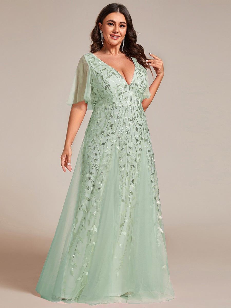 Plus Size Applique Tulle Floor Length Formal Gowns #color_Mint Green